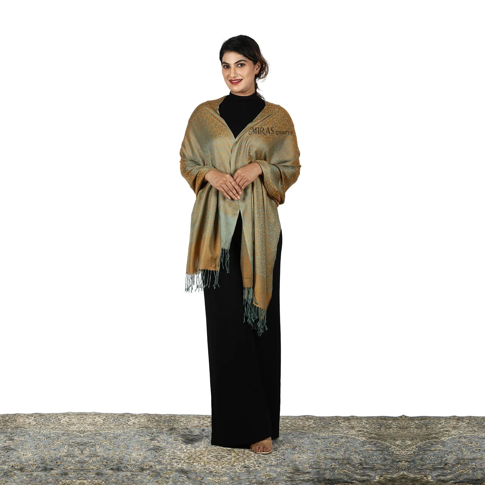 Miras Crafts Women's Self printed Scarf Soft- Gold