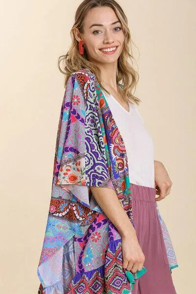 Mixed Print Ruffle Hem Open Front Cover Up