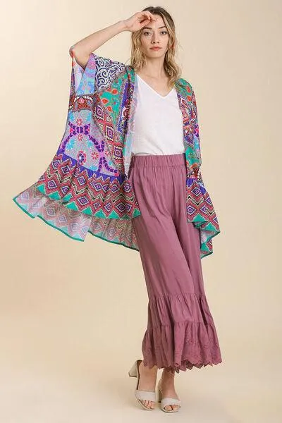 Mixed Print Ruffle Hem Open Front Cover Up