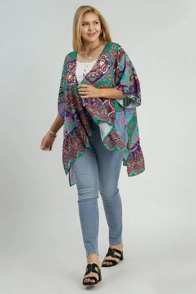 Mixed Print Ruffle Hem Open Front Cover Up
