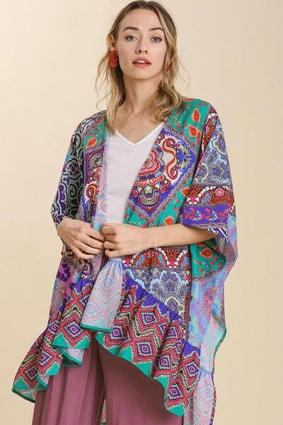 Mixed Print Ruffle Hem Open Front Cover Up
