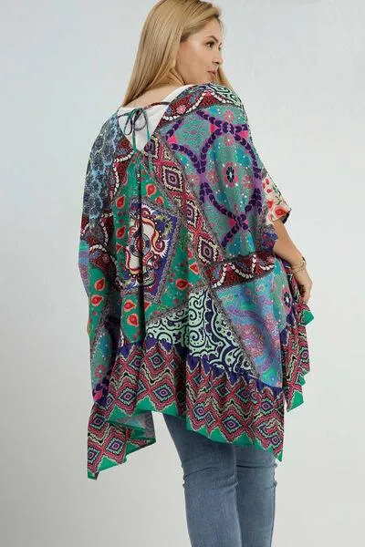 Mixed Print Ruffle Hem Open Front Cover Up