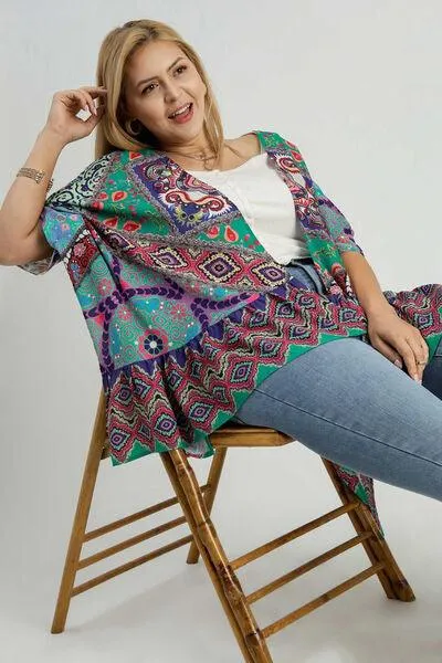 Mixed Print Ruffle Hem Open Front Cover Up