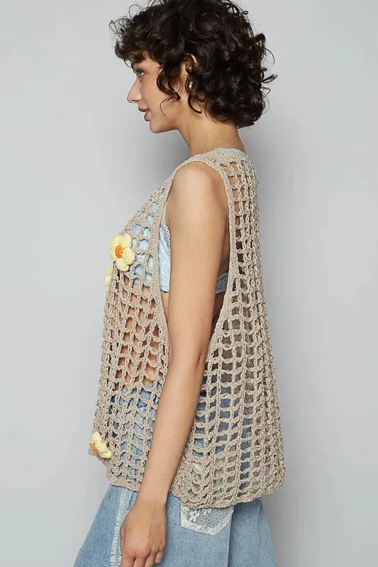 Mocha Flower Crochet Sleeveless Knit Cover Up