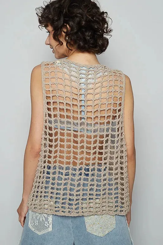 Mocha Flower Crochet Sleeveless Knit Cover Up