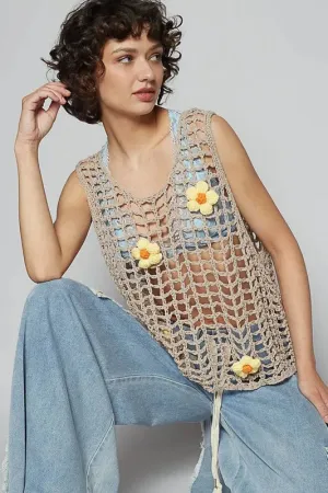 Mocha Flower Crochet Sleeveless Knit Cover Up
