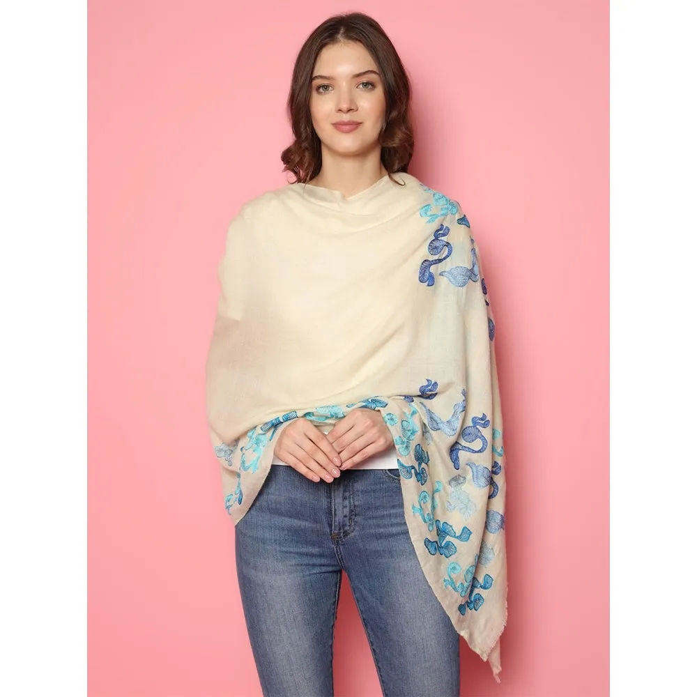 Modarta By Kamakshi White Pure Pashmina Shawl With Abstract Swirl Pattern, Pure Pashmina Stoles