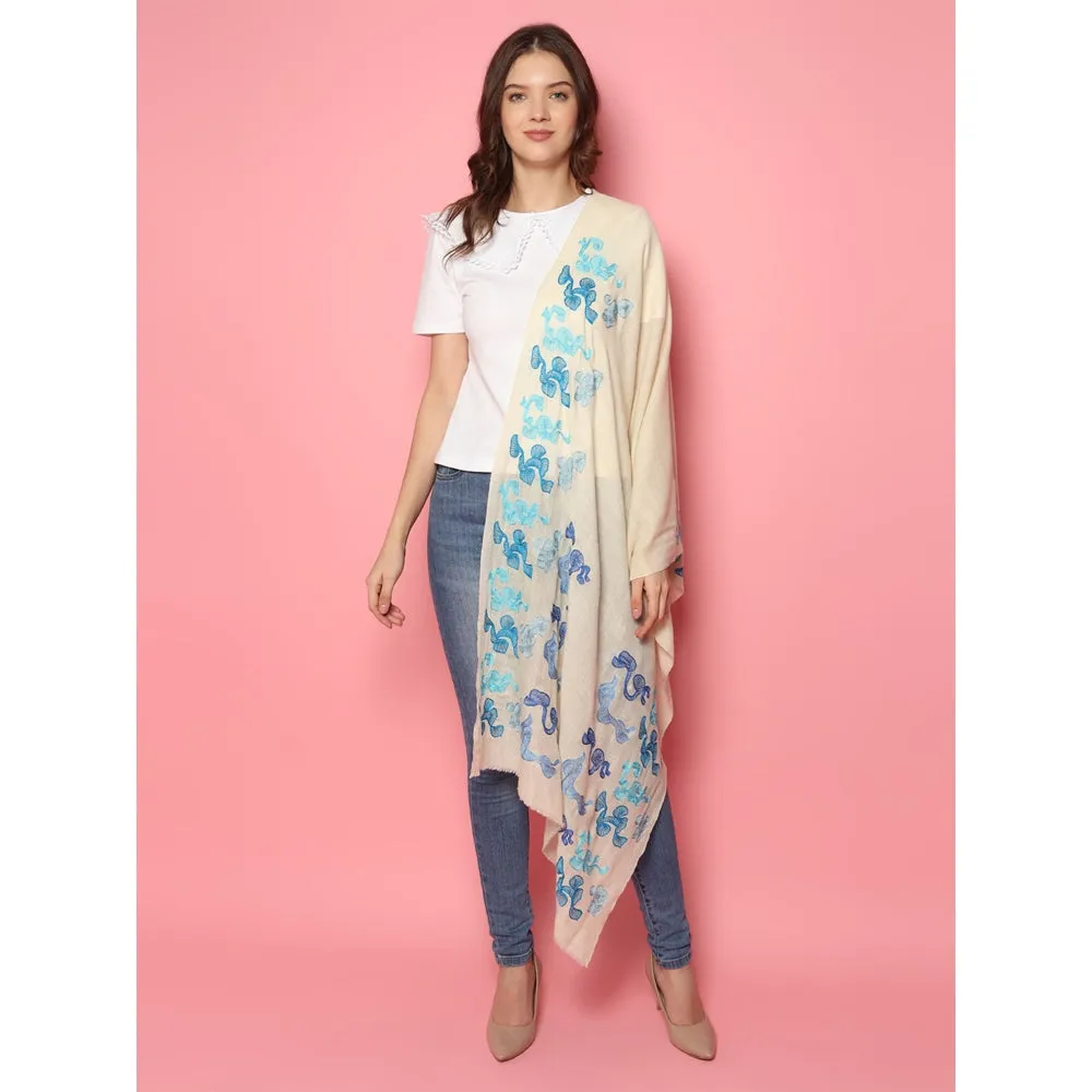 Modarta By Kamakshi White Pure Pashmina Shawl With Abstract Swirl Pattern, Pure Pashmina Stoles