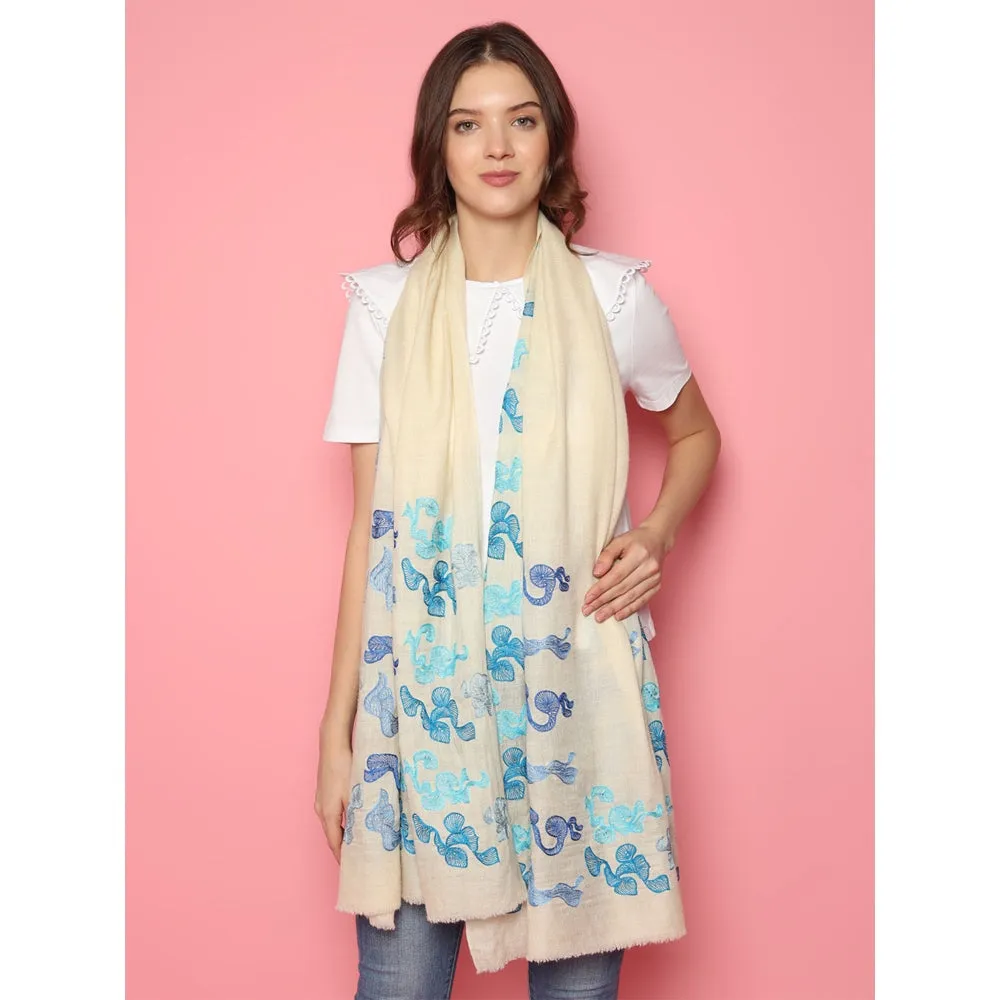 Modarta By Kamakshi White Pure Pashmina Shawl With Abstract Swirl Pattern, Pure Pashmina Stoles