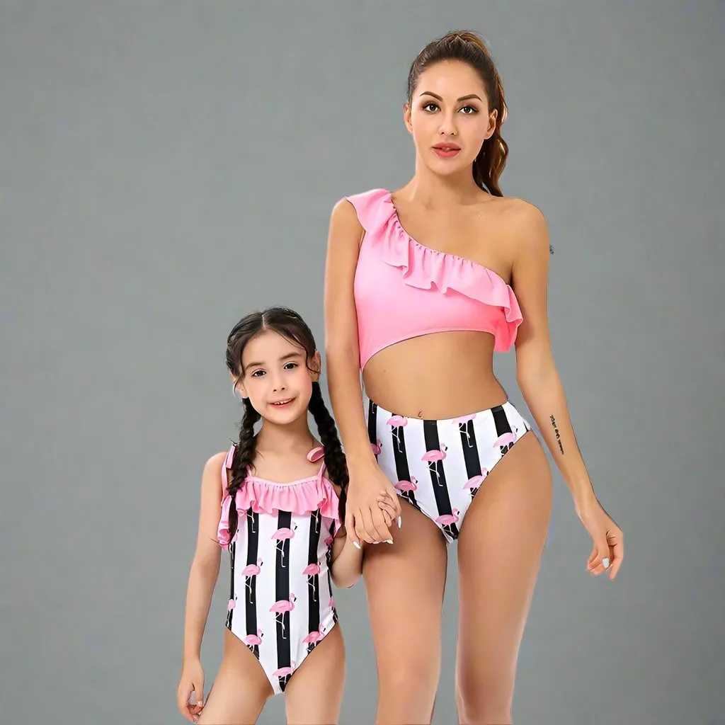 Mommy & Me Flamingo Print Striped Swimsuit