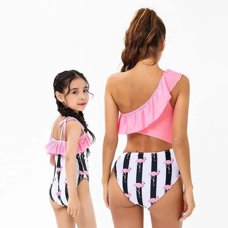 Mommy & Me Flamingo Print Striped Swimsuit