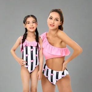 Mommy & Me Flamingo Print Striped Swimsuit