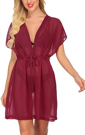 New Avidlove Coverups for Swimwear Women Sexy Chiffon Bikini Cover Up Sheer Blouse Shirt in Dark Red, Sz L!