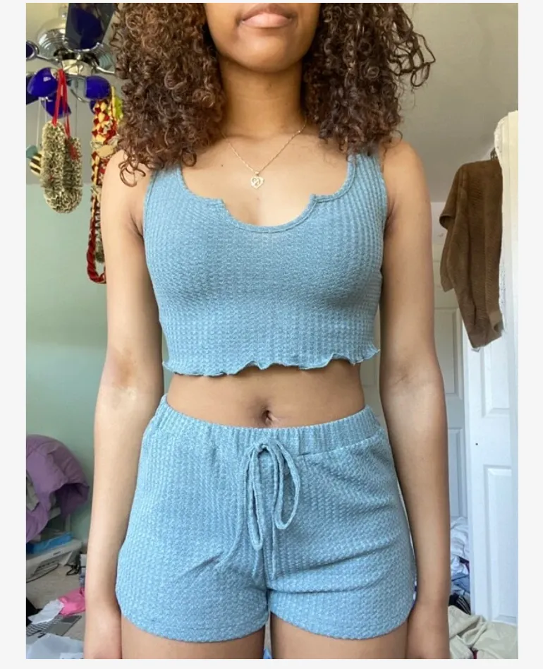 New SHEIN Lettuce Trim Waffle Knit Tank Top & Shorts Set in Cadet Blue, Sz XS! Rated 4.87 out of 5 stars! Comfy stretchy fabric, great to lounge & sleep in as well!