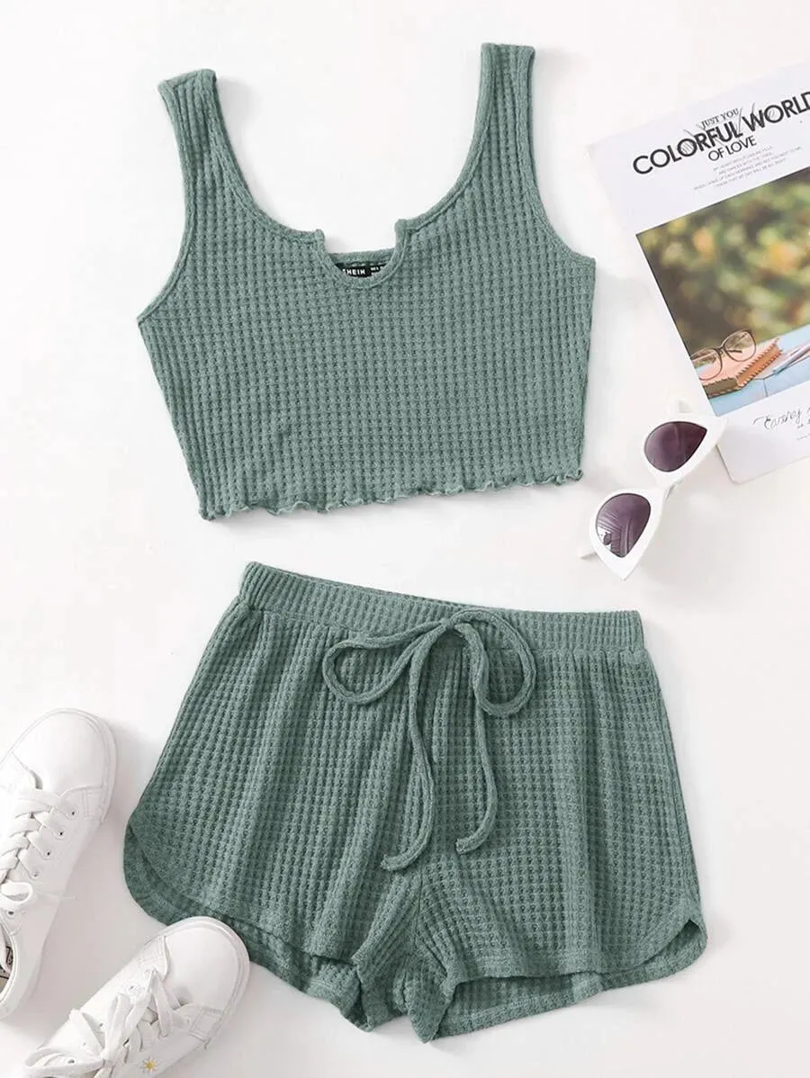 New SHEIN Lettuce Trim Waffle Knit Tank Top & Shorts Set in Cadet Blue, Sz XS! Rated 4.87 out of 5 stars! Comfy stretchy fabric, great to lounge & sleep in as well!