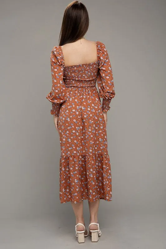 Nuvi Apparel Floral Print Shirred Ruffle Hem Dress