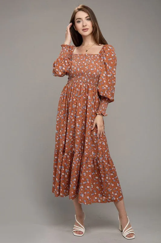 Nuvi Apparel Floral Print Shirred Ruffle Hem Dress