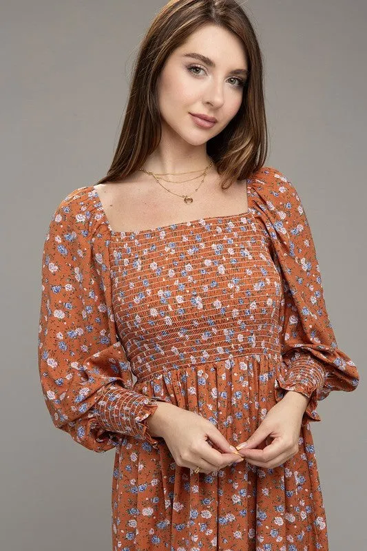 Nuvi Apparel Floral Print Shirred Ruffle Hem Dress