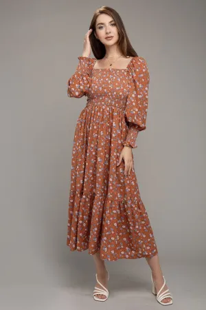 Nuvi Apparel Floral Print Shirred Ruffle Hem Dress