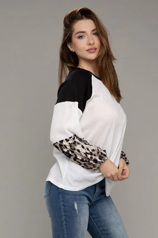 Nuvi Apparel Leopard Print Color Block Top
