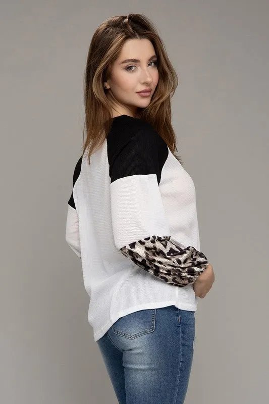 Nuvi Apparel Leopard Print Color Block Top