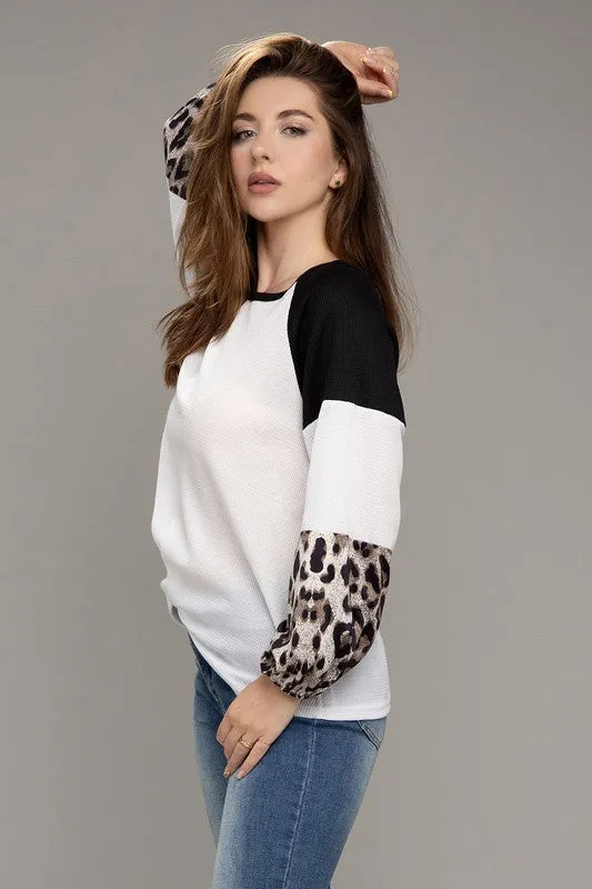 Nuvi Apparel Leopard Print Color Block Top