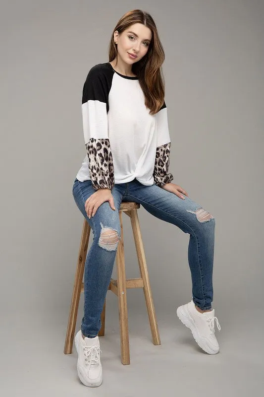 Nuvi Apparel Leopard Print Color Block Top