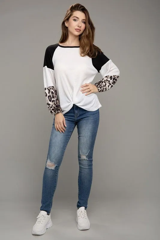 Nuvi Apparel Leopard Print Color Block Top