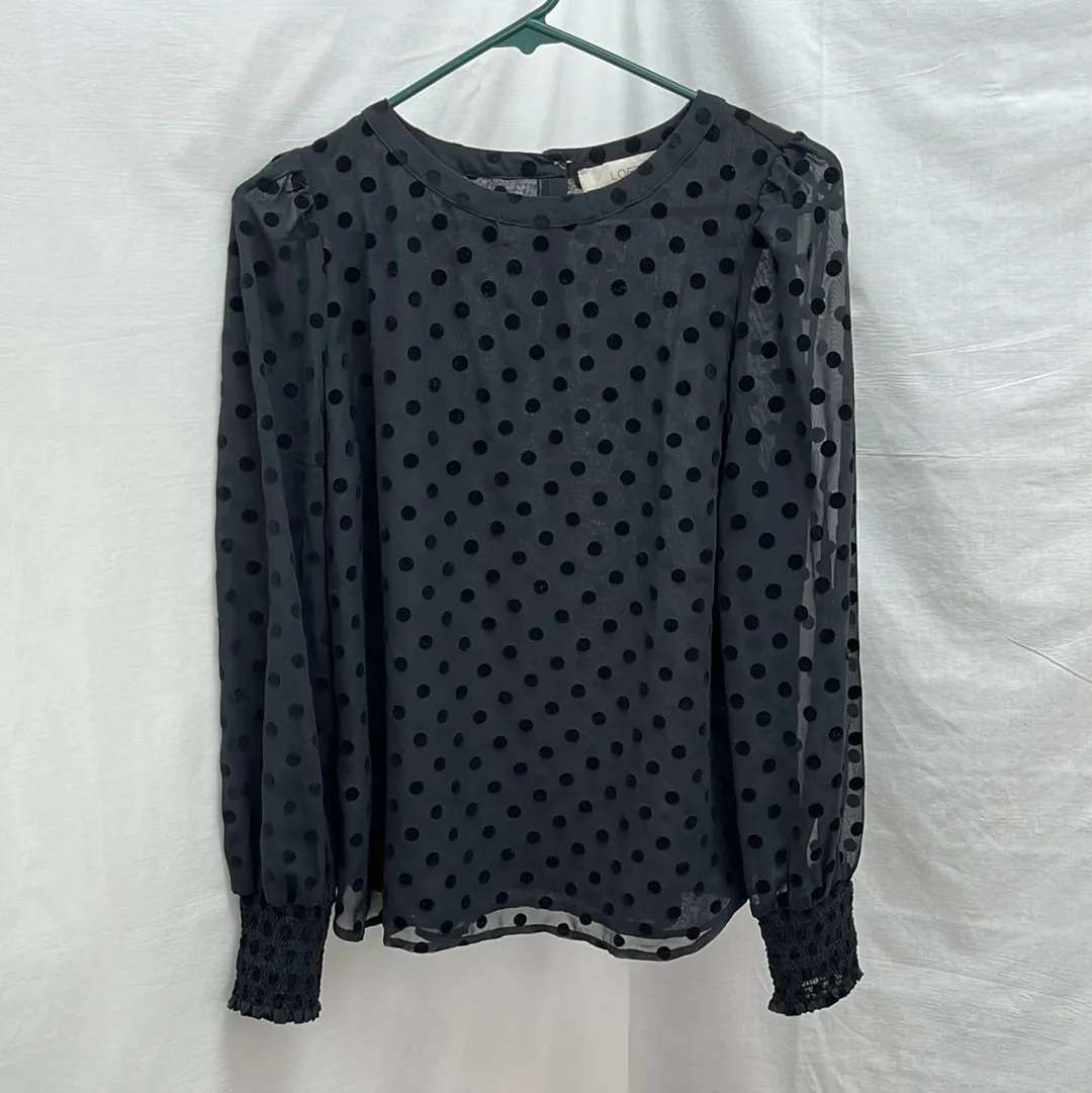 NWT -- Ann Taylor Loft Black Polka Dot Sheer Long-Sleeve Blouse -- S