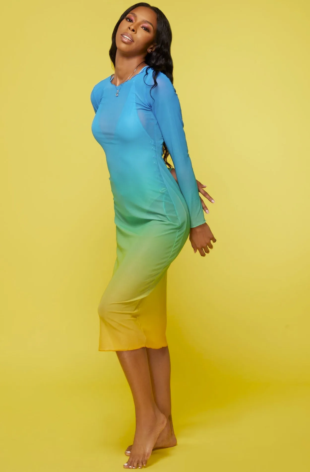 Ocean View Midi Long-Sleeve Mesh Cover-up Dress