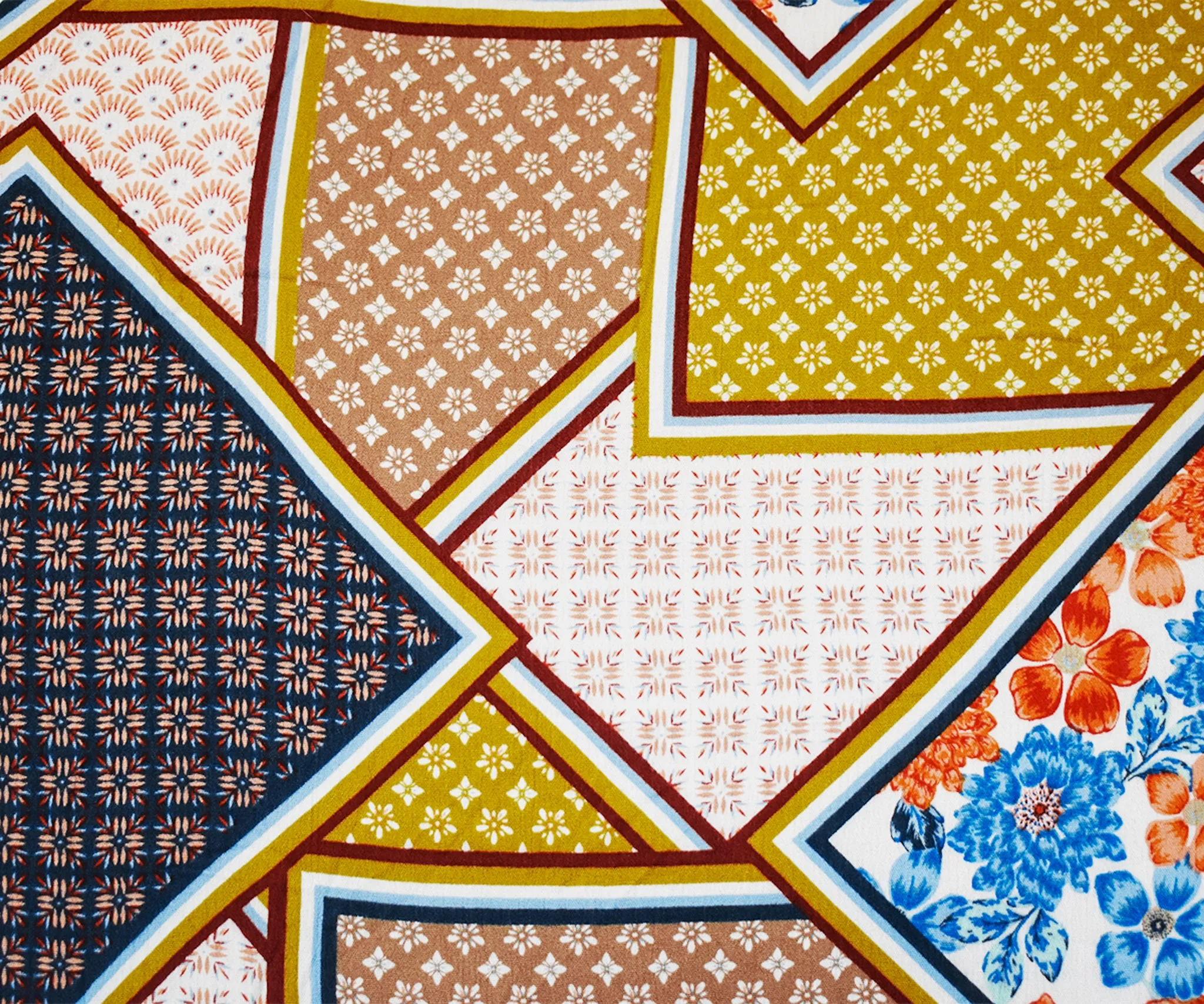 Orange-Multi Cotton Multi Panel Pattern Printed Crinkled Gauze Woven Fabric