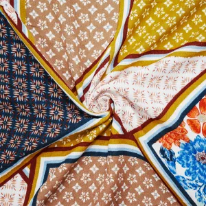 Orange-Multi Cotton Multi Panel Pattern Printed Crinkled Gauze Woven Fabric