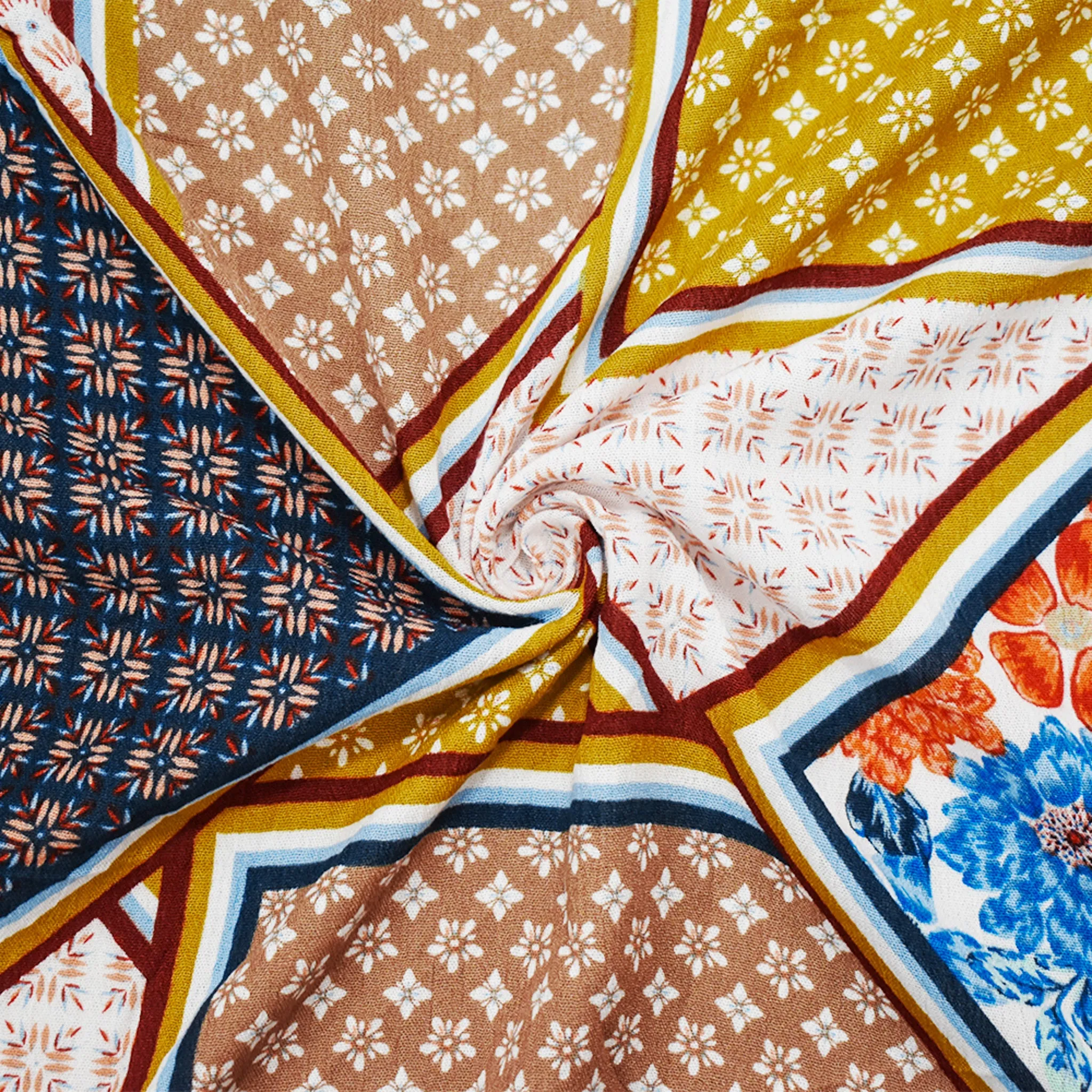 Orange-Multi Cotton Multi Panel Pattern Printed Crinkled Gauze Woven Fabric