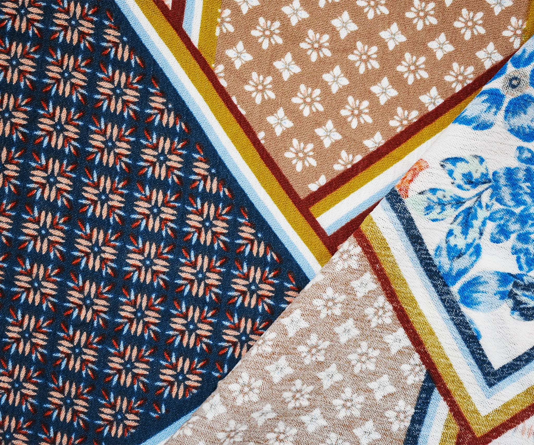 Orange-Multi Cotton Multi Panel Pattern Printed Crinkled Gauze Woven Fabric