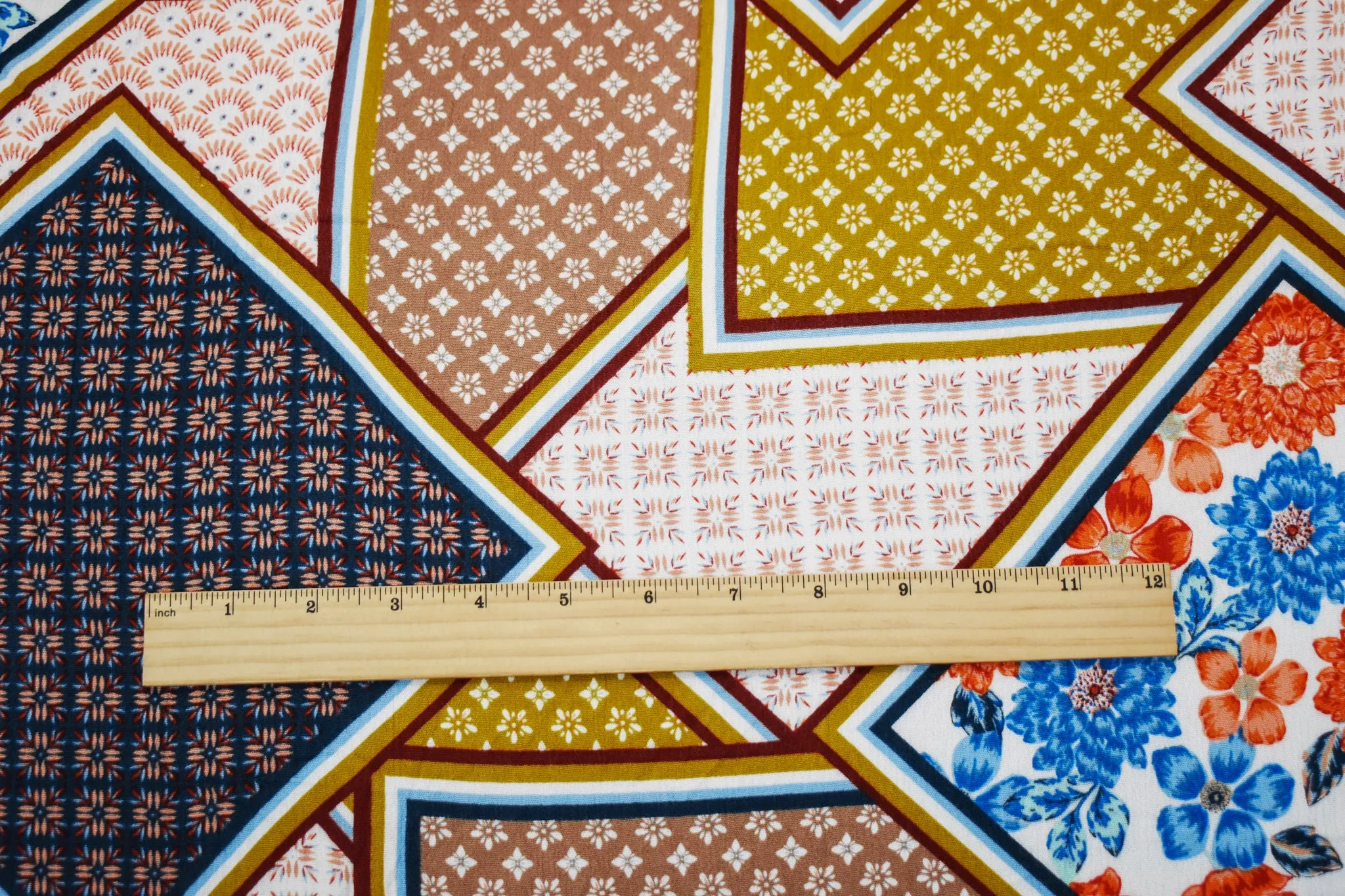 Orange-Multi Cotton Multi Panel Pattern Printed Crinkled Gauze Woven Fabric