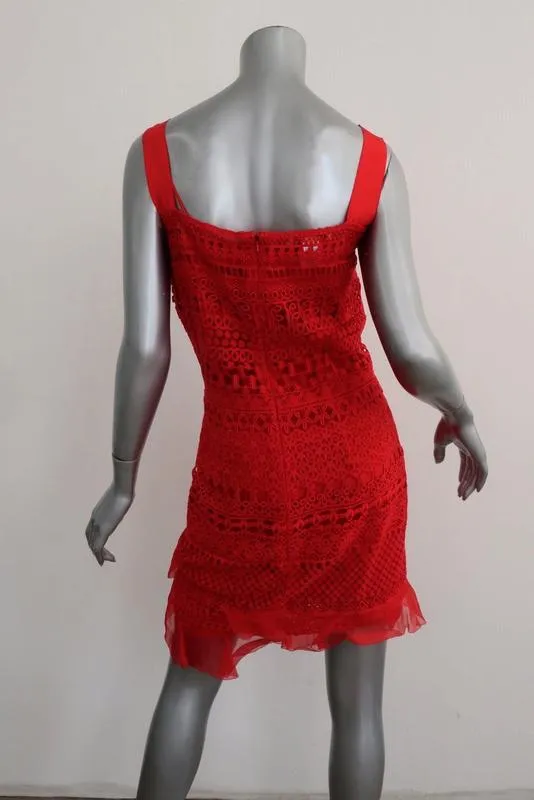 Oscar de la Renta Dress Red Organza-Trim Guipure Lace Size 4 Sleeveless Sheath