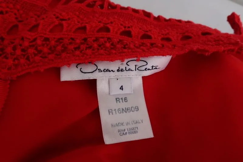 Oscar de la Renta Dress Red Organza-Trim Guipure Lace Size 4 Sleeveless Sheath
