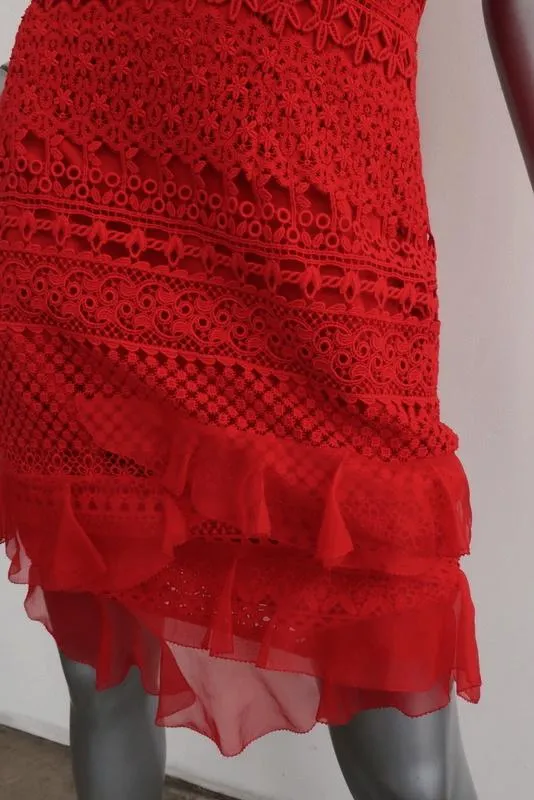 Oscar de la Renta Dress Red Organza-Trim Guipure Lace Size 4 Sleeveless Sheath