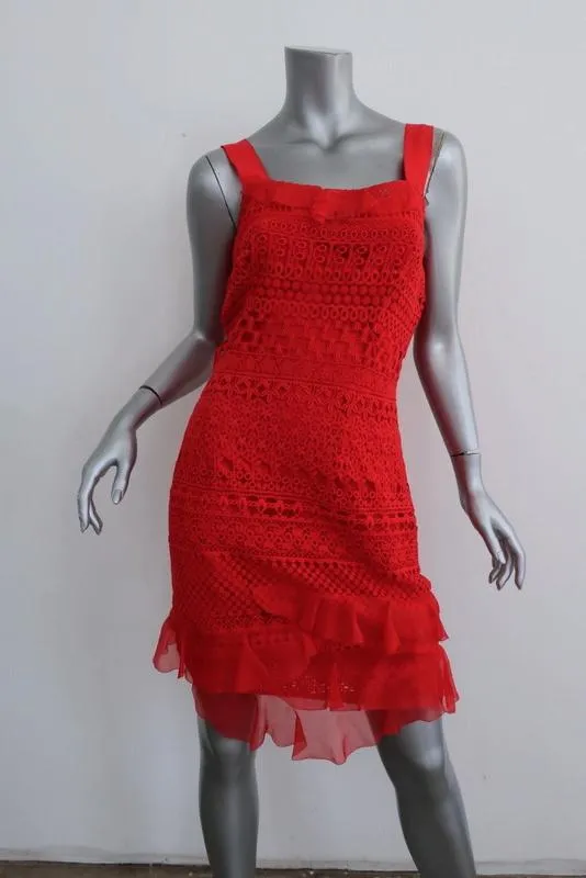 Oscar de la Renta Dress Red Organza-Trim Guipure Lace Size 4 Sleeveless Sheath