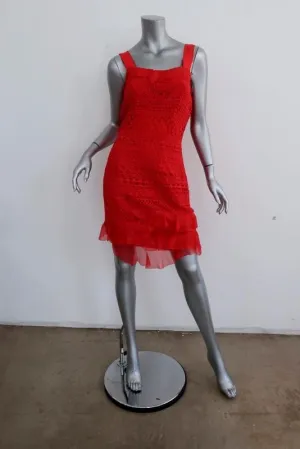 Oscar de la Renta Dress Red Organza-Trim Guipure Lace Size 4 Sleeveless Sheath