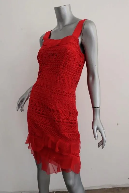 Oscar de la Renta Dress Red Organza-Trim Guipure Lace Size 4 Sleeveless Sheath
