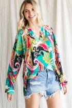 Paisley Long Sleeve V-neck Top