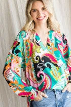 Paisley Long Sleeve V-neck Top