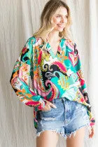 Paisley Long Sleeve V-neck Top