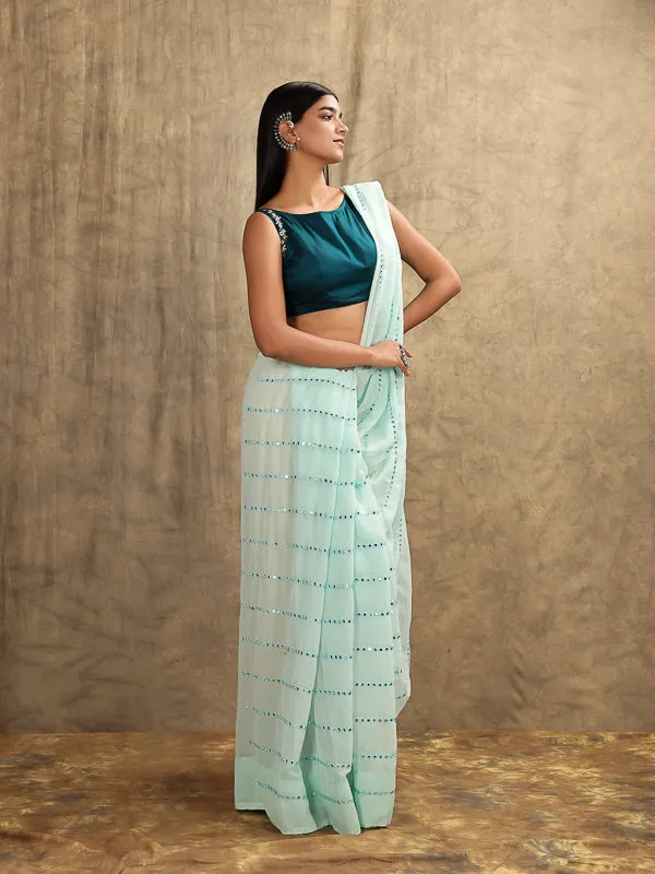 Peacock Blue Embroidered Sleeveless Cotton Padded Blouse