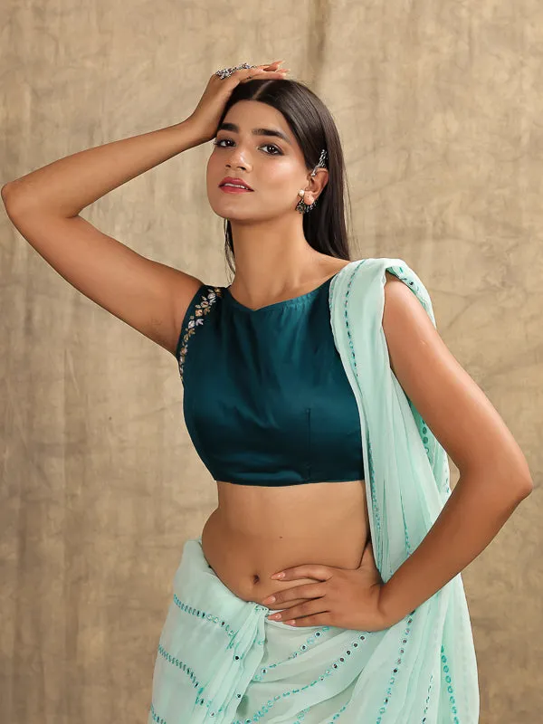 Peacock Blue Embroidered Sleeveless Cotton Padded Blouse