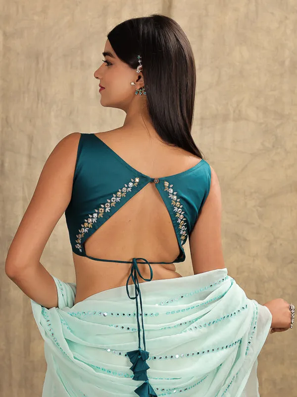 Peacock Blue Embroidered Sleeveless Cotton Padded Blouse