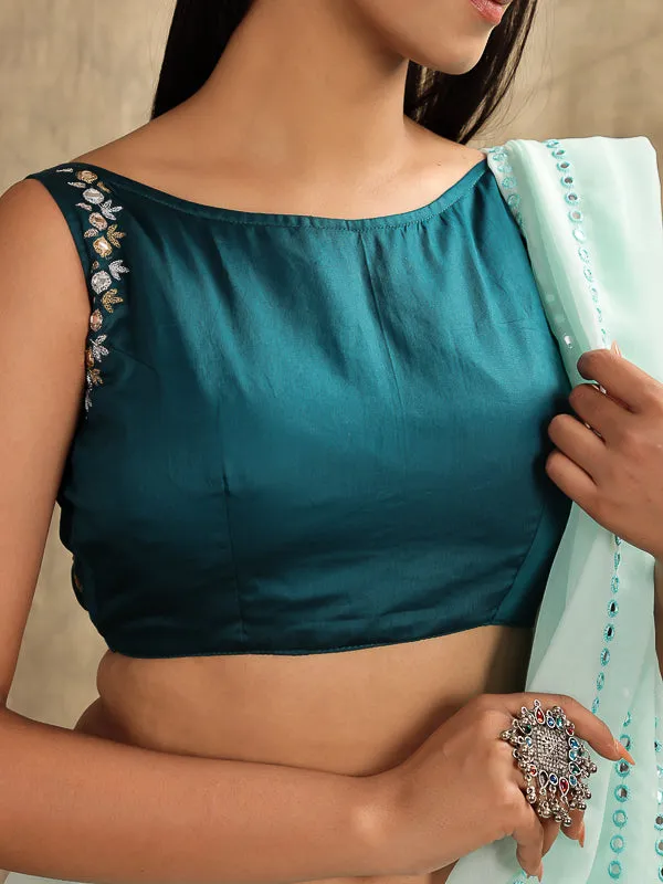 Peacock Blue Embroidered Sleeveless Cotton Padded Blouse