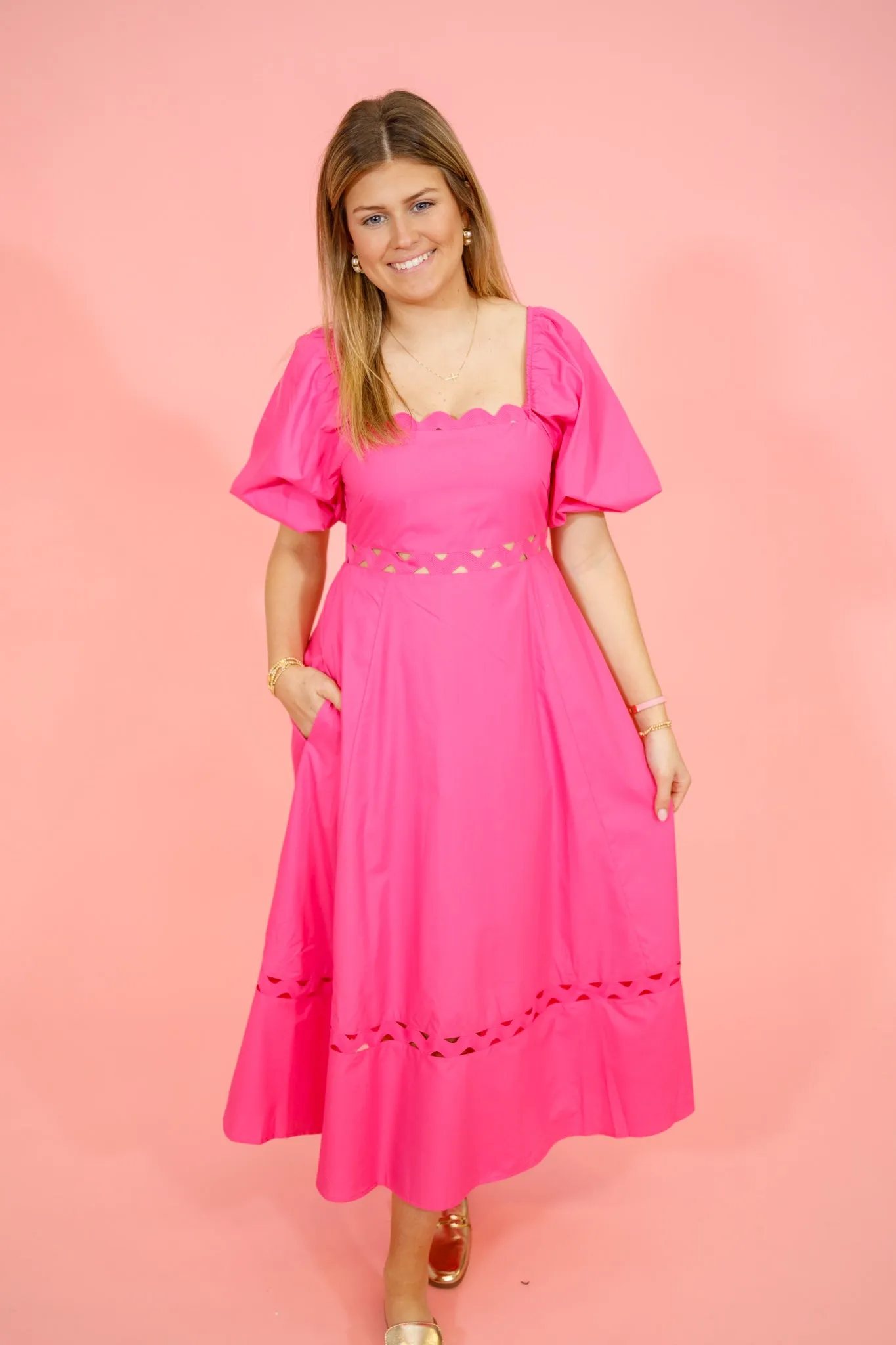 Pink Open Ric Rac Trim Midi Dress