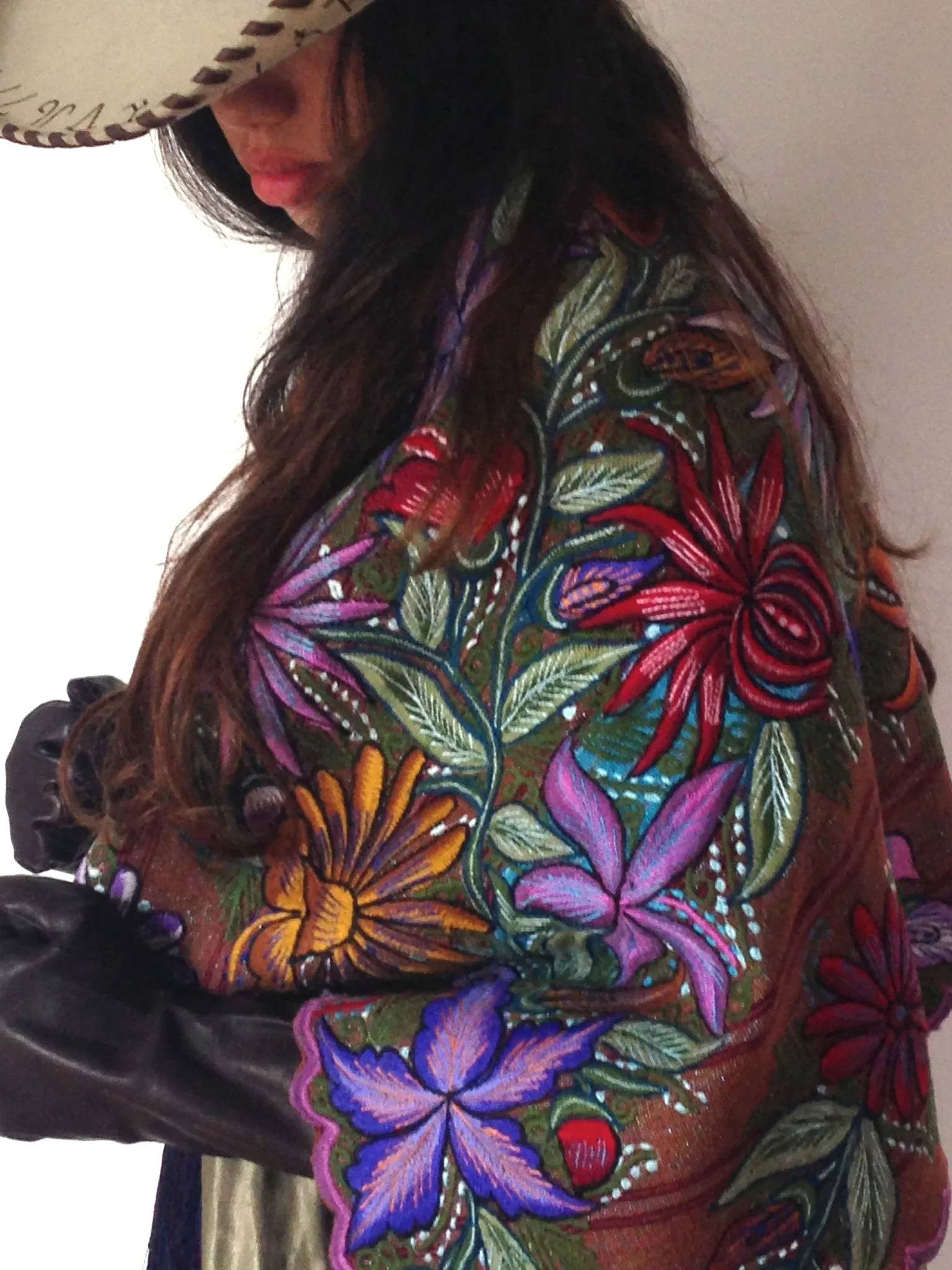 Pink purple ..Floral embroidered shawls from the  Mayan town of Zinacantan  Mexico